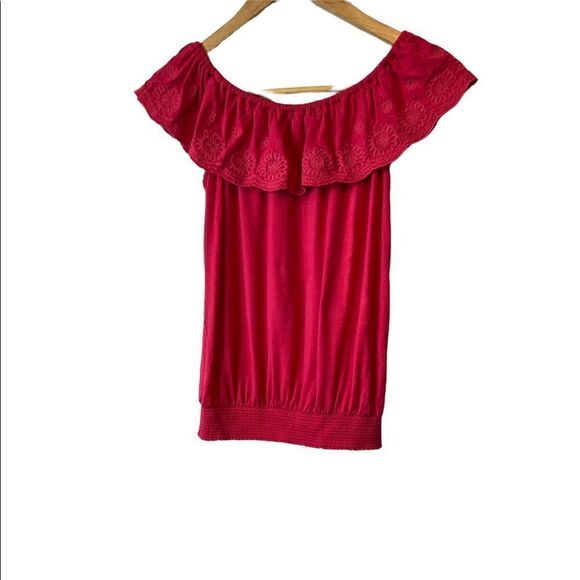 DEX Pink Off The Shoulder Flounce Banded Bottom Light Casual Top L - Picture 3 of 8